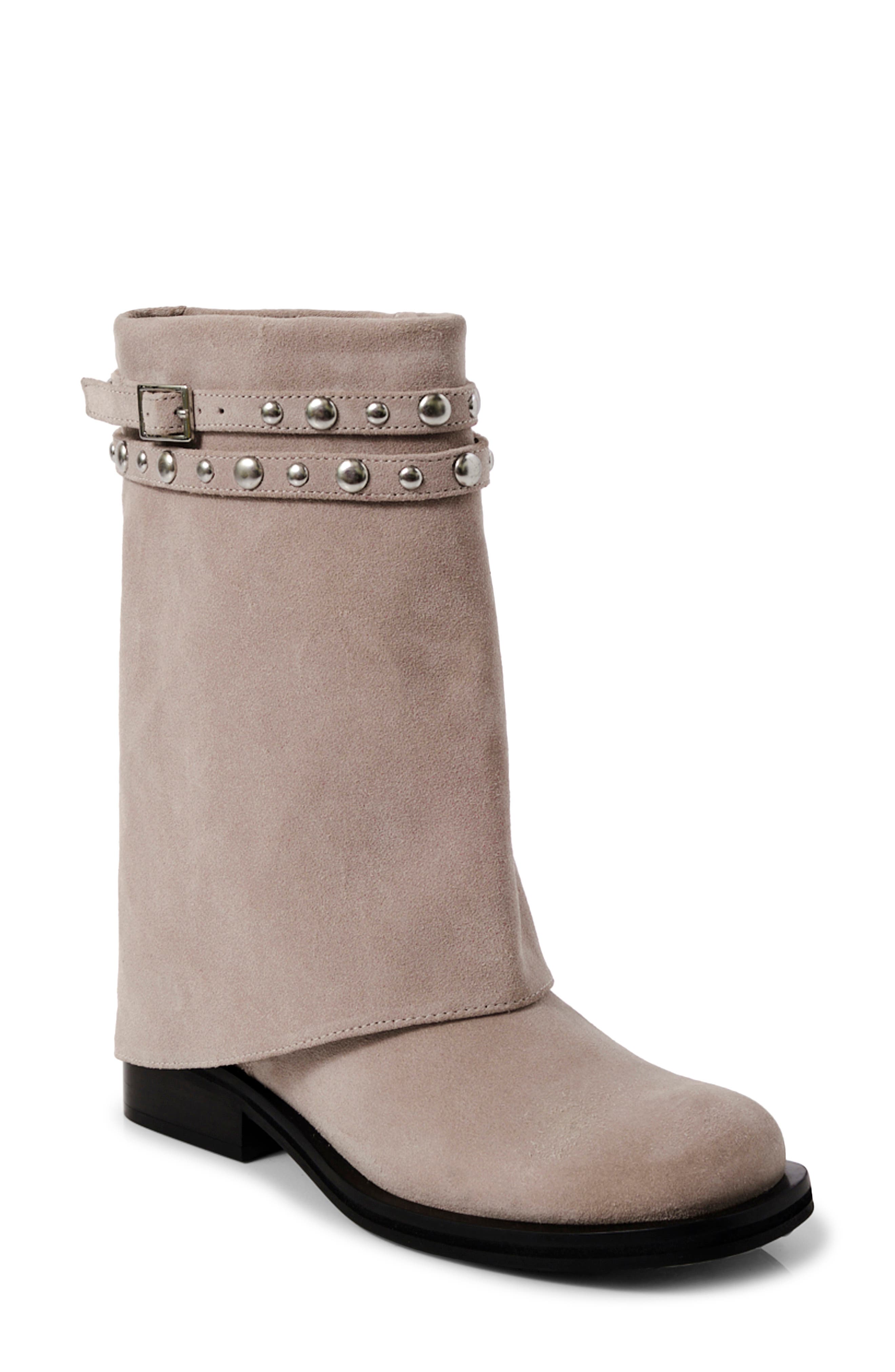 Free People Scorpio Studded Foldover Bootie, Main, color, Dust Bunny Suede