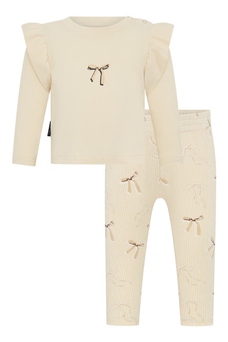 Bow Print Ruffle Top & Stripe Leggings Set, Main, color, CREAM