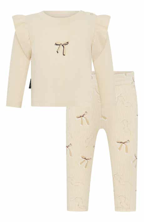 TINY TRIBE Bow Print Ruffle Top & Stripe Leggings Set