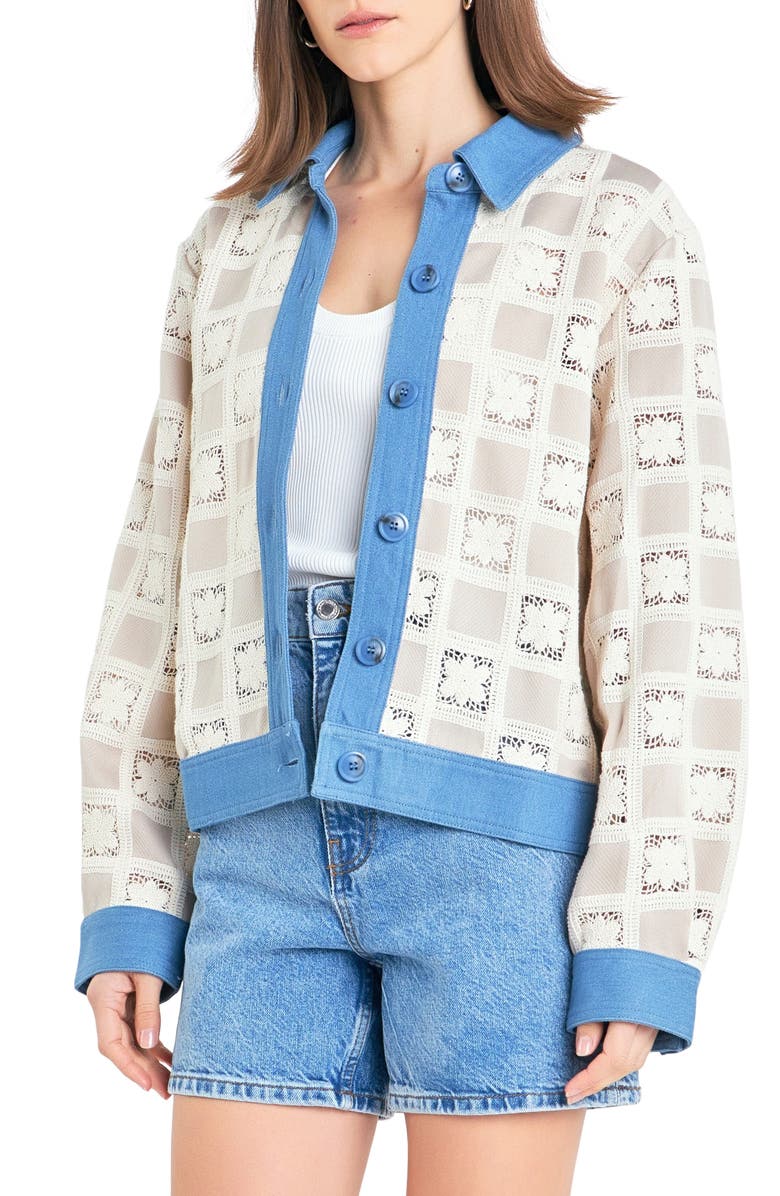 English Factory Patchwork Crochet & Denim Jacket, Alternate, color, Beige Multi