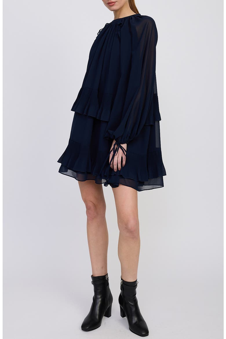 Nicolette Tiered Ruffle Long Sleeve Trapeze Dress, Alternate, color, NAVY