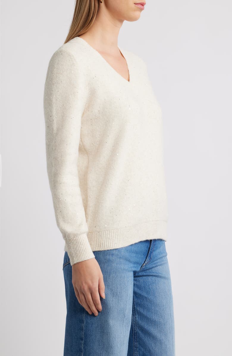 Caslon<sup>®</sup> Sequin V-Neck Sweater, Alternate, color, Beige Oatmeal Light Heather