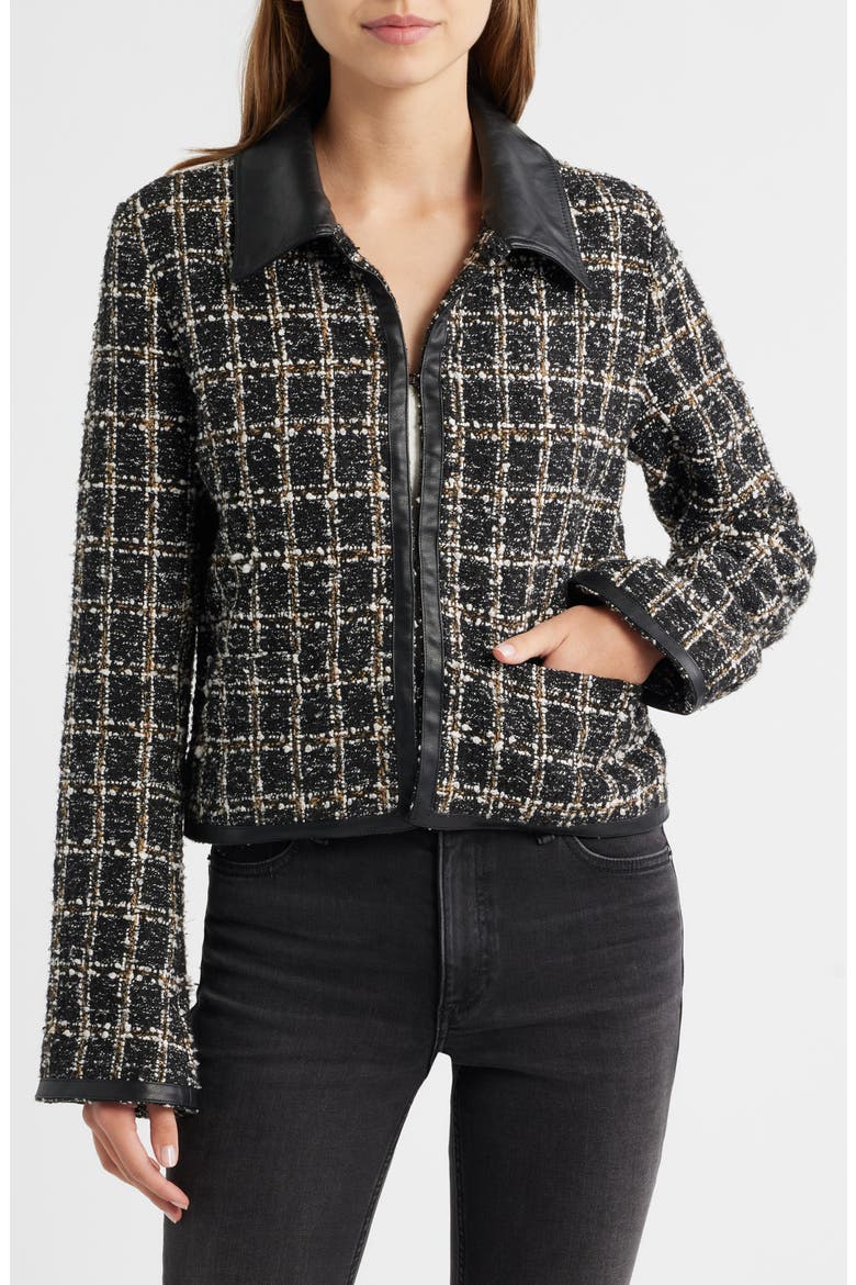 Eloise Faux Leather Trim Tweed Jacket, Alternate, color, BLACK PLAID