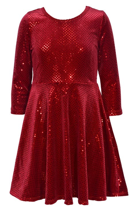 Kids' Glitter Long Sleeve Stretch Velvet Party Dress (Toddler & Little Kid)