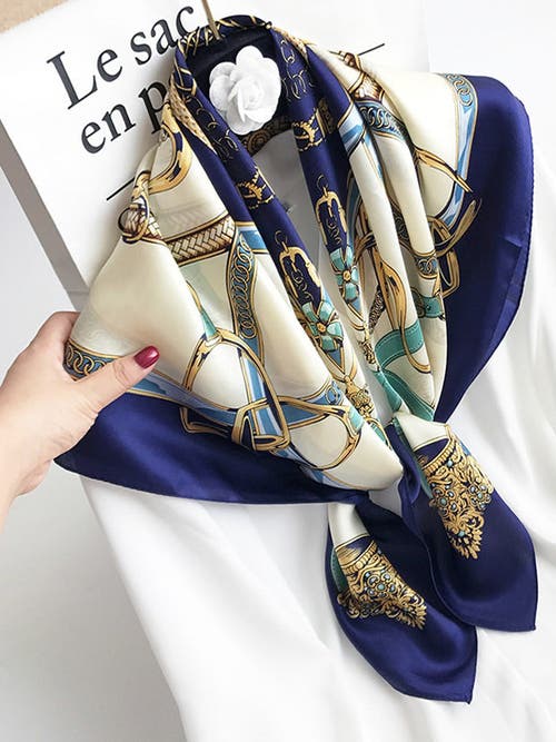 Silksilky 100% Mulberry Silk Printed Square Shawl Scarf In Blue