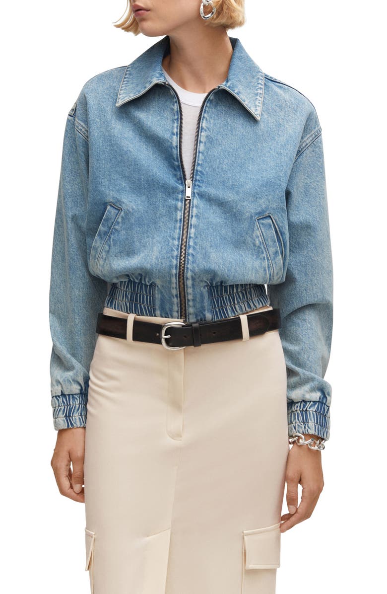 MANGO Crop Denim Bomber Jacket, Main, color,