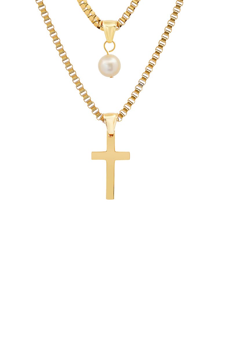 HMY JEWELRY 18K Gold Plated Stainless Steel Imitation Pearl & Cross Pendant Layered Necklace, Alternate, color, Yellow