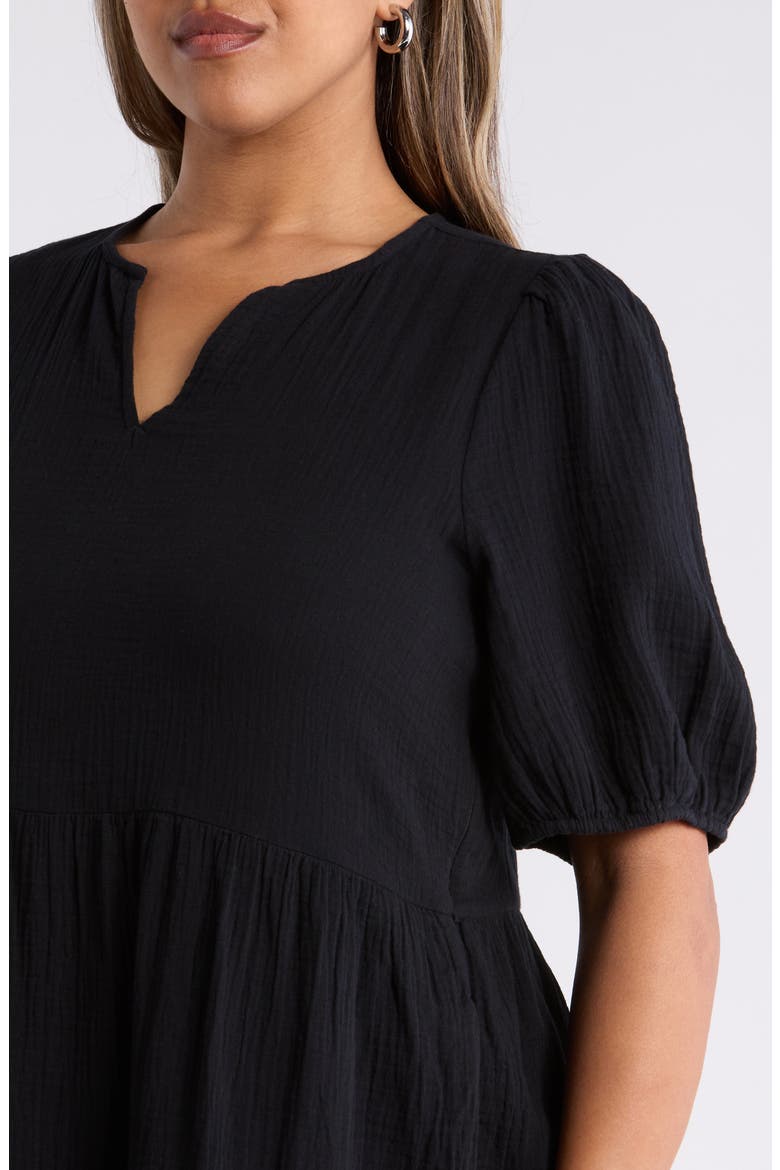 Puff Sleeve Cotton Gauze Midi Dress, Alternate, color, BLACK