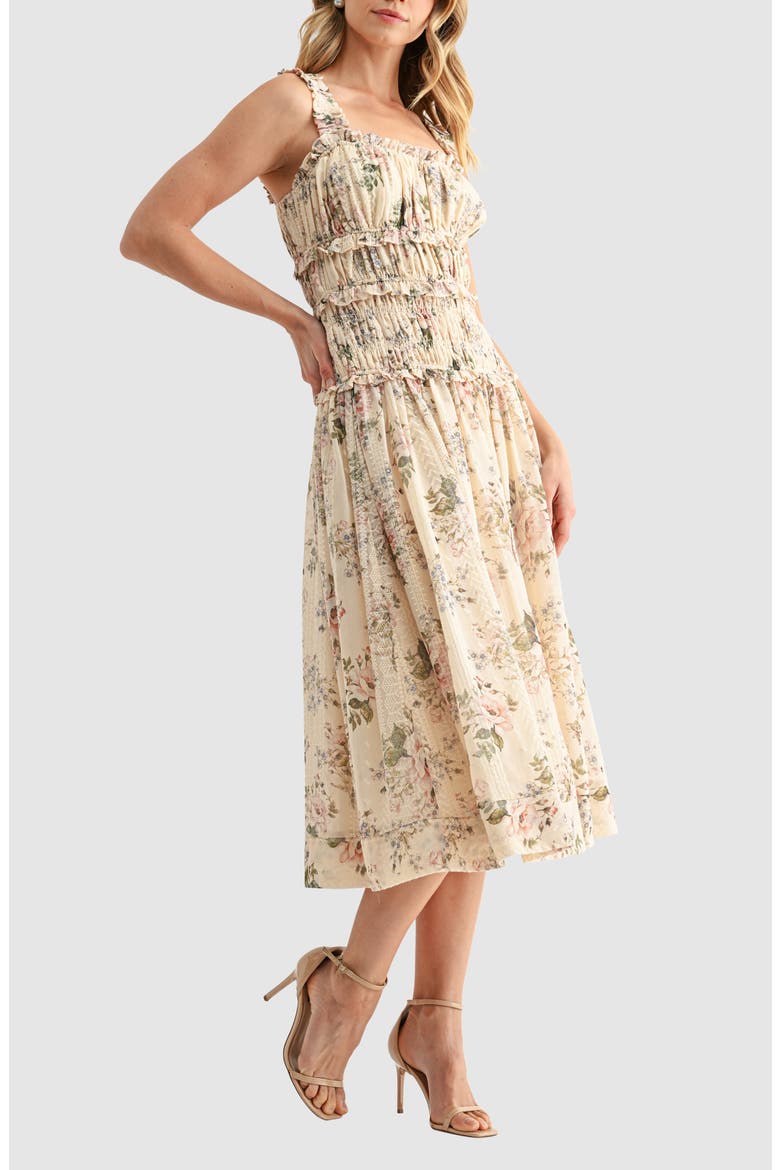 Floral Print Ruched Midi Dress, Alternate, color, CREAM FLORAL
