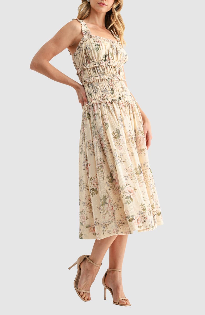 Mila Mae Floral Print Ruched Midi Dress, Alternate, color, Cream Floral