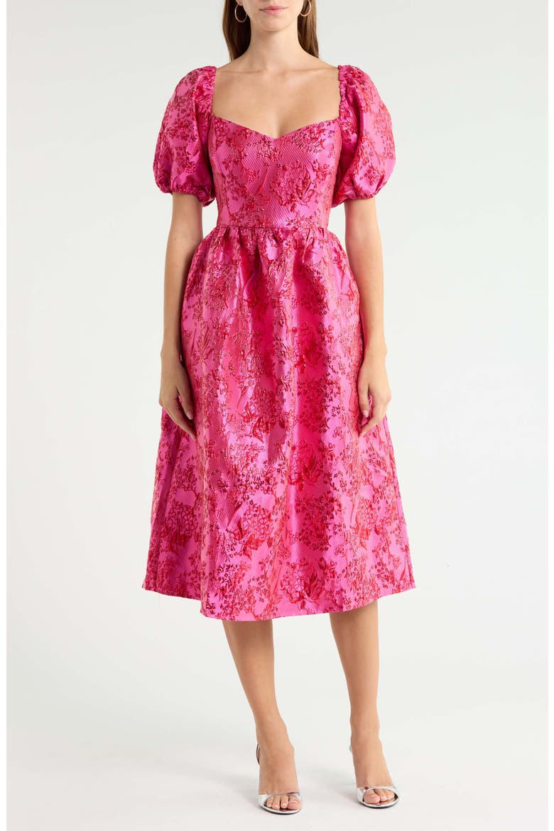 Metallic Floral Jacquard Puff Sleeve Dress, Main, color, FUCHSIA