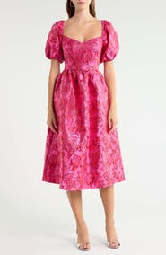 SUGARLIPS Metallic Floral Jacquard Puff Sleeve Dress