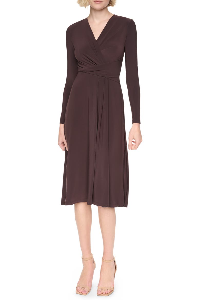 Long Sleeve V-Neck Midi Dress, Main, color, CHOCOLATE