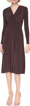 DKNY Long Sleeve V-Neck Midi Dress