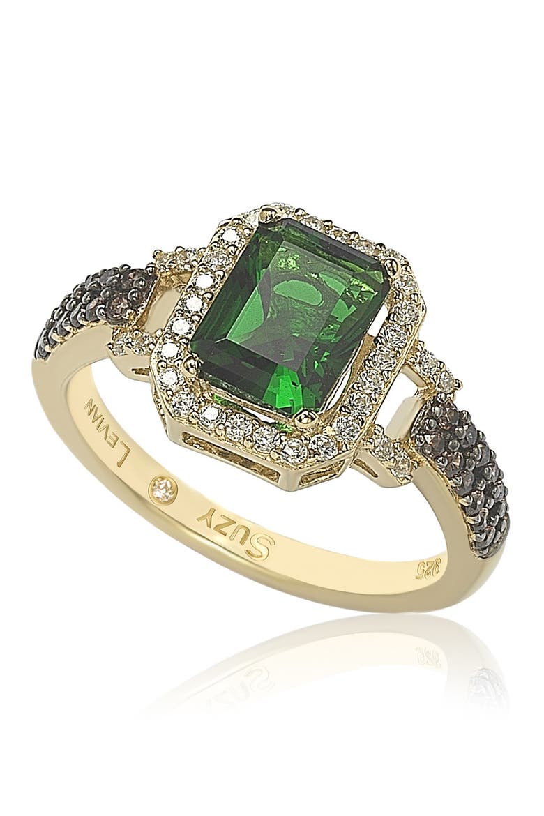 Yellow-Tone Sterling Silver Prong Set Emerald Cut & Pave CZ Ring, Alternate, color, GREEN