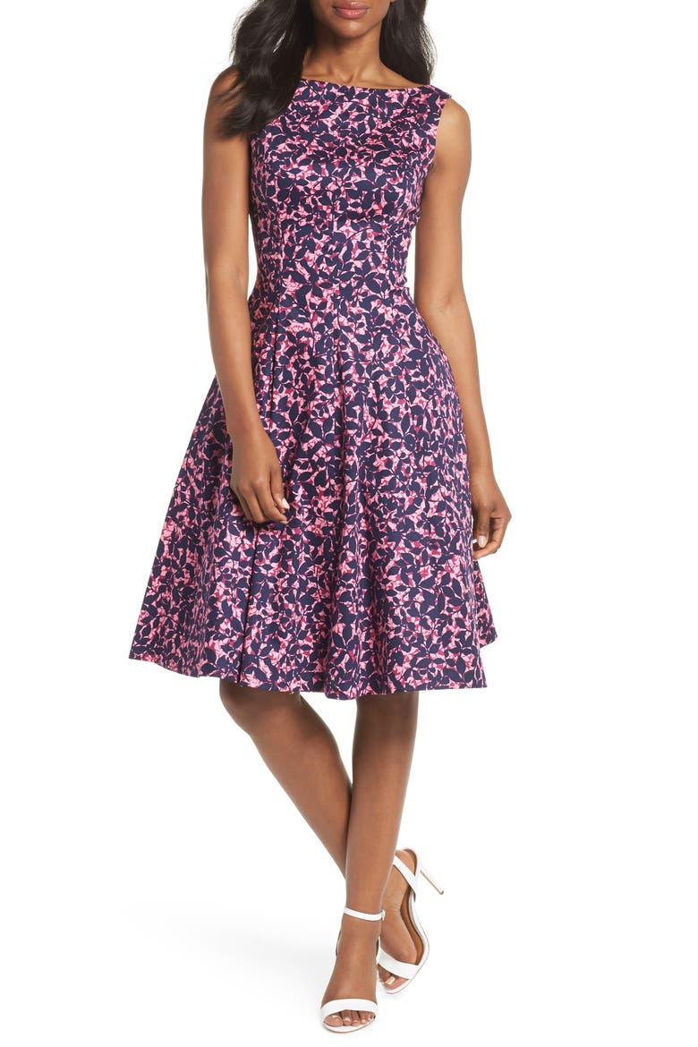 Print Fit & Flare Dress, Main, color, NAVY/ PINK