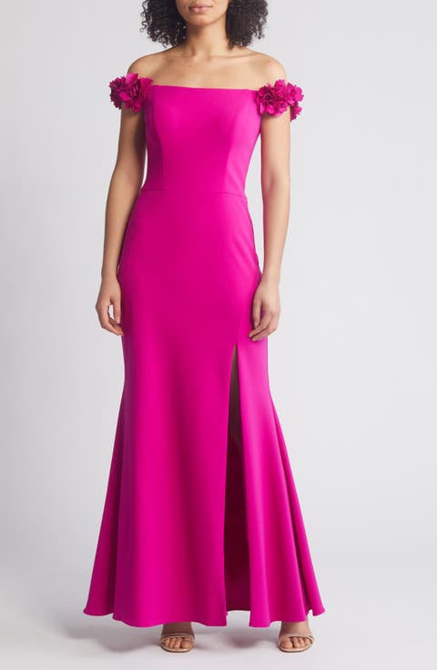 Flower Off the Shoulder Scuba Crepe Gown