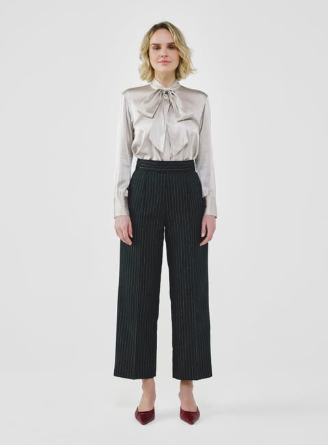 Pinstripe High-Waist Tailored Pants