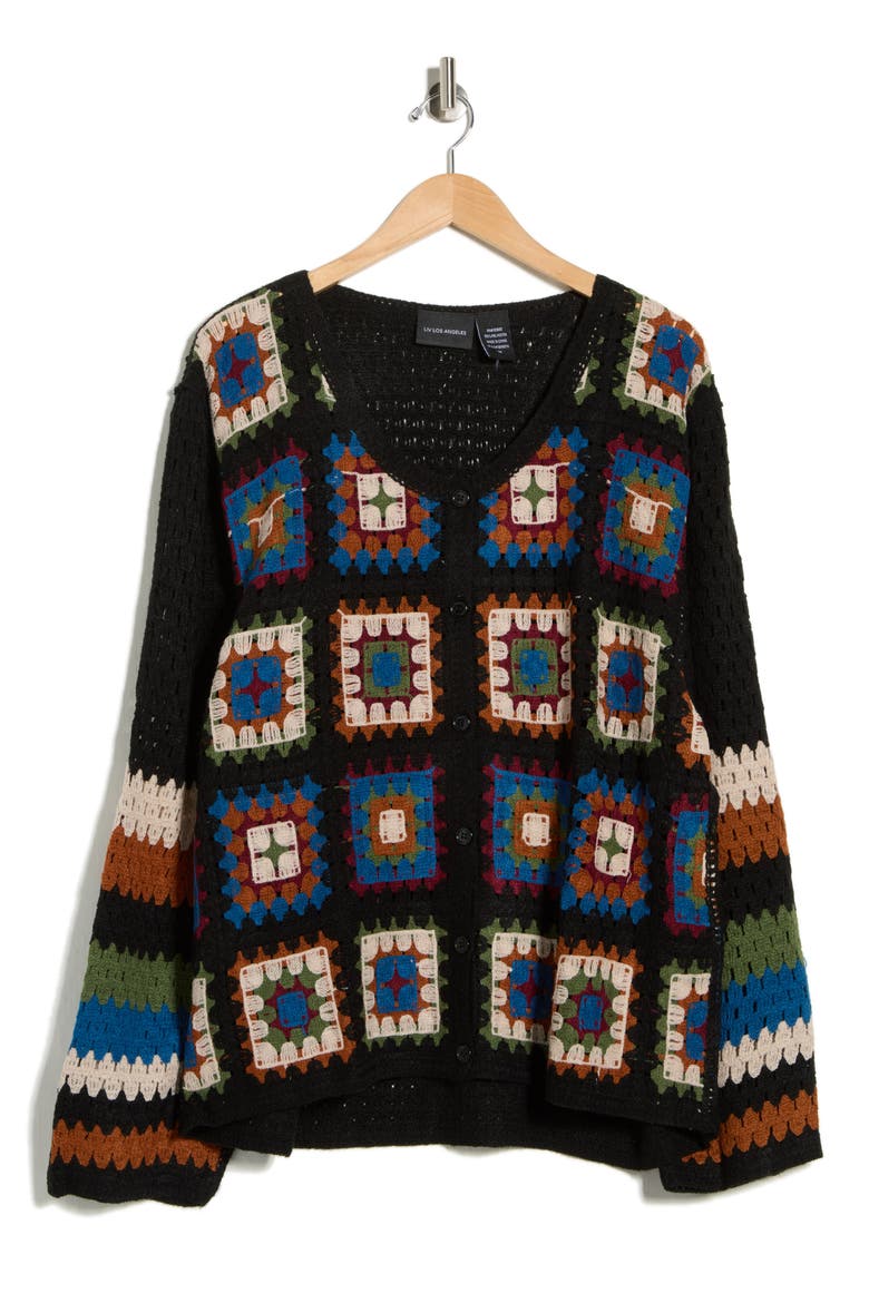 Crochet Granny Square Cardigan Sweater, Alternate, color, BLACK