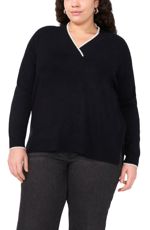 Shop Vince Camuto Tipped Cross V-neck Cozy Sweater In Rich Black