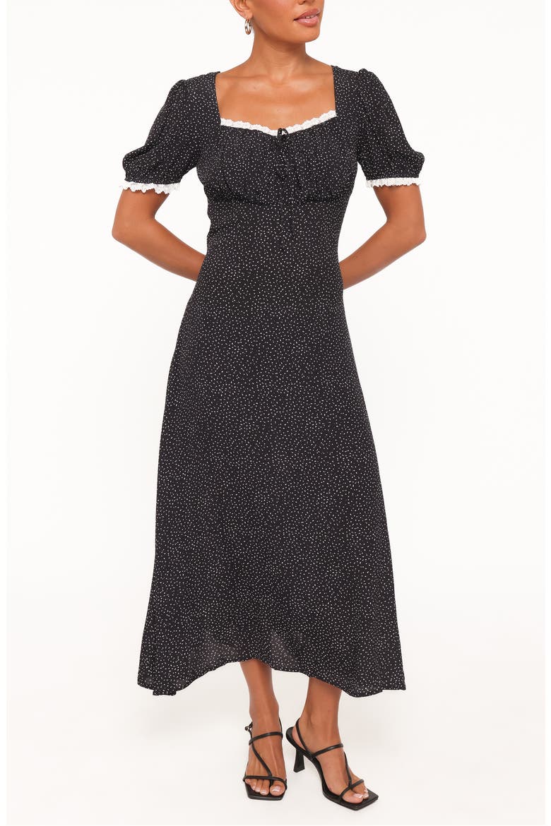 Francine Polka Dot Lace Trim Midi Dress, Main, color, BLACK POLKA DOT