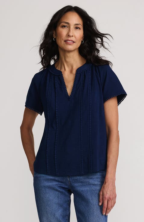 Slub Short Sleeve Notch Neck Top