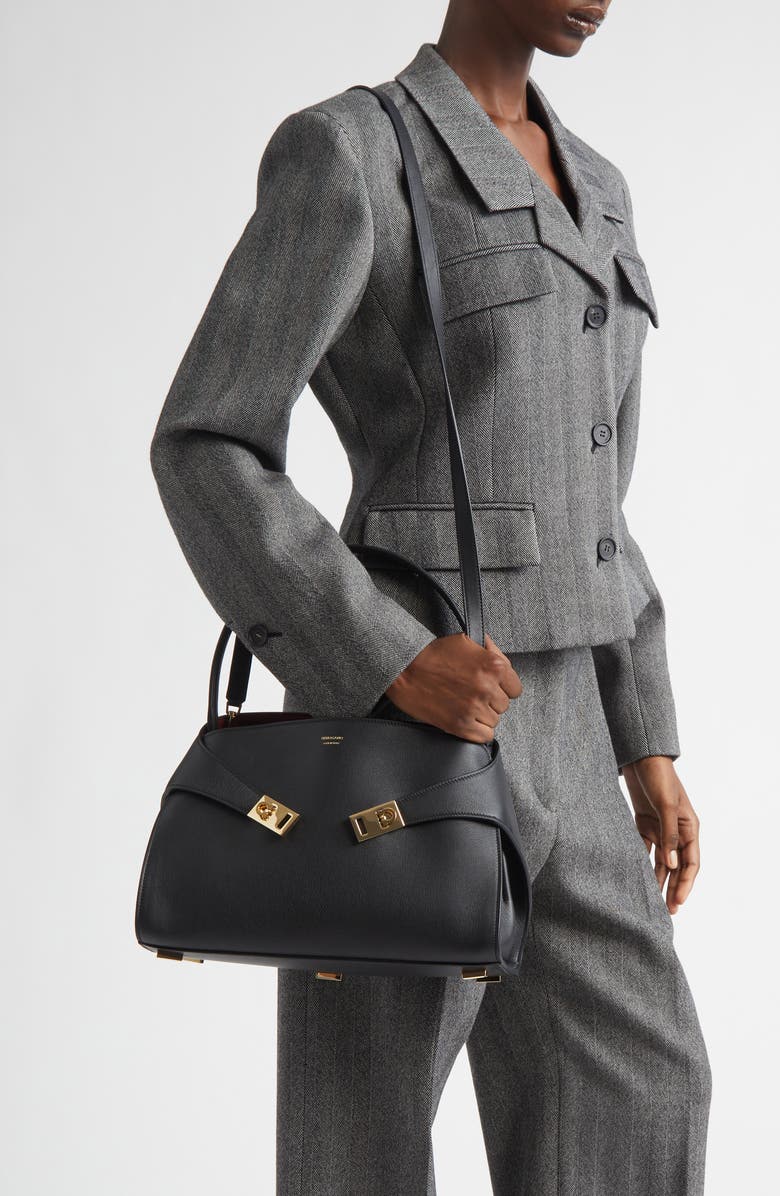 FERRAGAMO Small Hug Leather Shoulder Bag, Alternate, color, Nero/ Borgogna