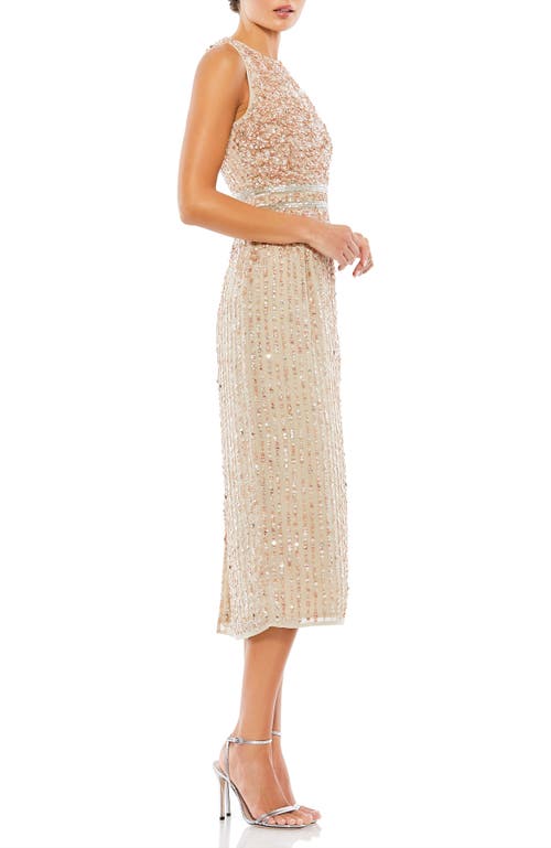 Mac Duggal Sleeveless High Neck Beaded Midi Sheath Dress In Nude