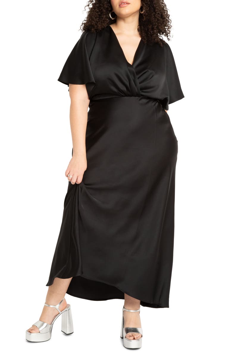 ELOQUII Flutter Sleeve Satin Maxi Dress, Main, color, 