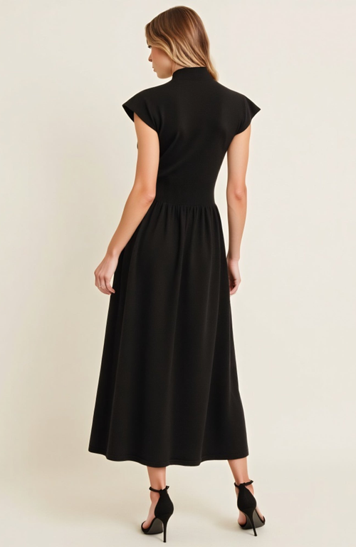 Modenaire Scallop Edge Mock Neck Sleeveless Knit Midi Dress With Flared Skirt