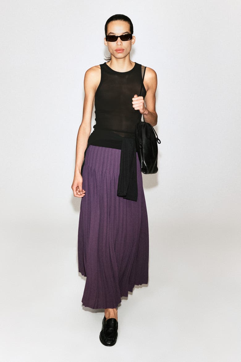 Pleated Crepe Midi Skirt, Alternate, color, PLUM