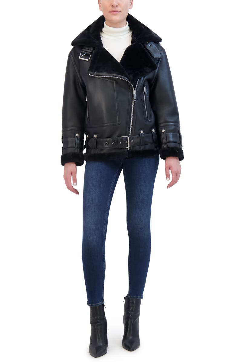 Rebecca Minkoff Faux Leather & Faux Shealing Moto Jacket, Alternate, color,