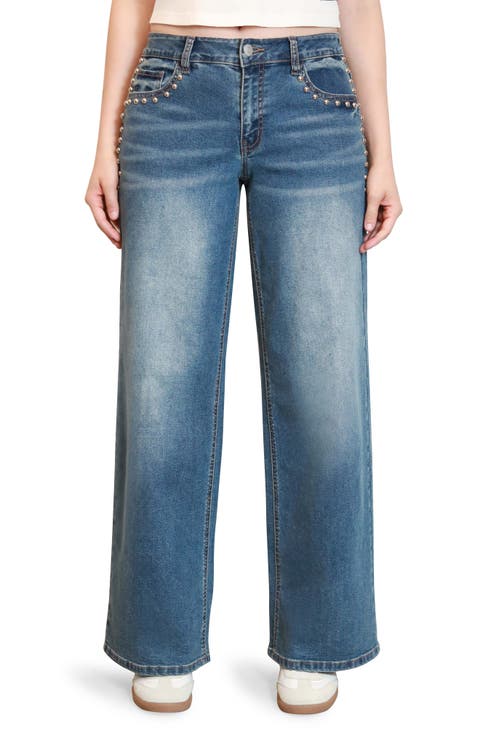Studded Loose Fit Wide Leg Jeans