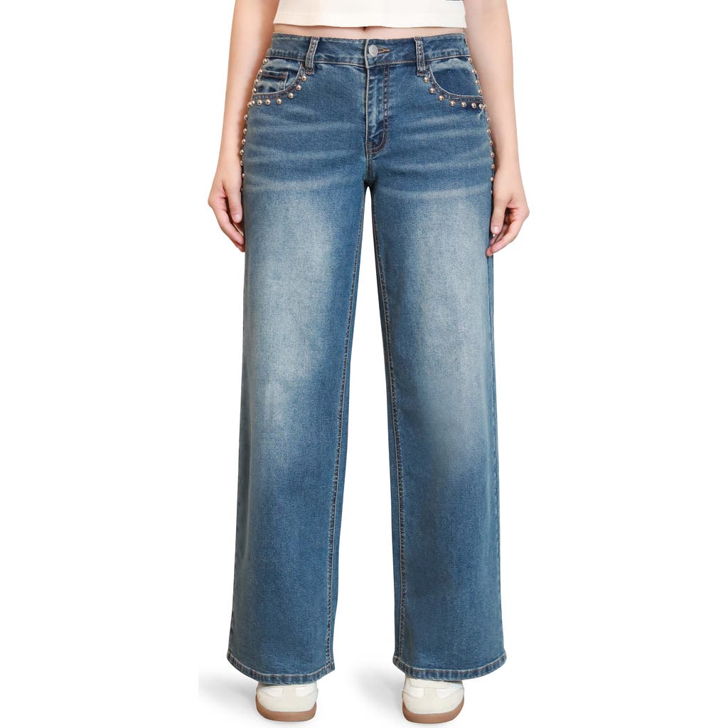 Madden Girl Studded Loose Fit Wide Leg Jeans In Blue