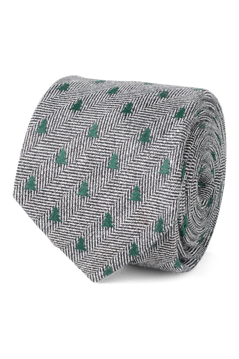 Holiday Tree Silk & Linen Blend Herringbone Tie, Alternate, color, GRAY