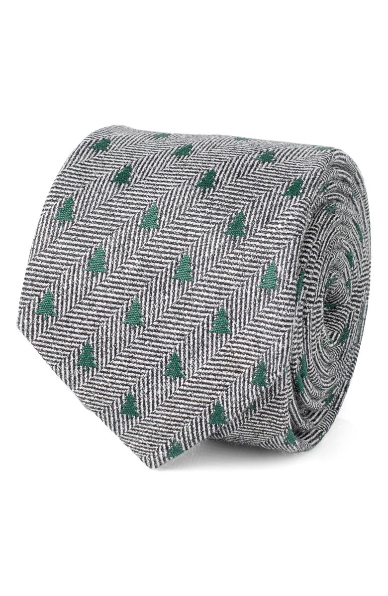 Cufflinks, Inc. Holiday Tree Silk & Linen Blend Herringbone Tie, Alternate, color, Gray