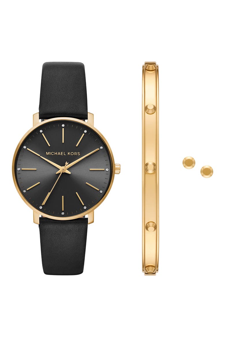 Pyper Leather Strap Watch, Bracelet & Earring Set, 38mm, Main, color, BLACK/GOLD