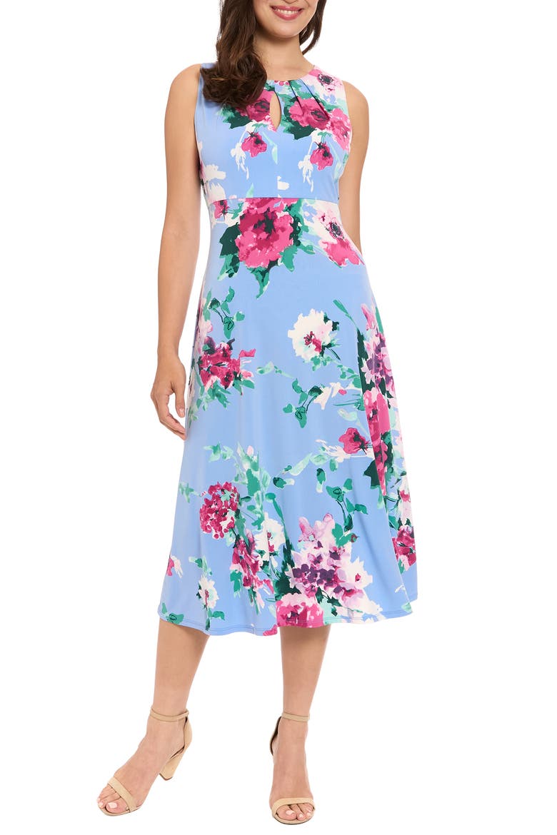 Floral Keyhole A-Line Midi Dress, Main, color, SKY/ PINK