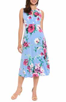 London Times Floral Keyhole A-Line Midi Dress