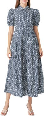 English Factory Geo Print Short Sleeve Cotton Shirtdress