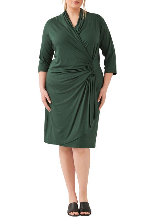 Three Quarter Sleeve Jersey Cascade Faux Wrap Dress