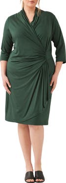 Karen Kane Three Quarter Sleeve Jersey Cascade Faux Wrap Dress
