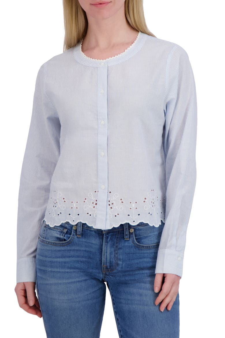 Eyelet Cotton Button-Up Top, Main, color, BLUE STRIPE