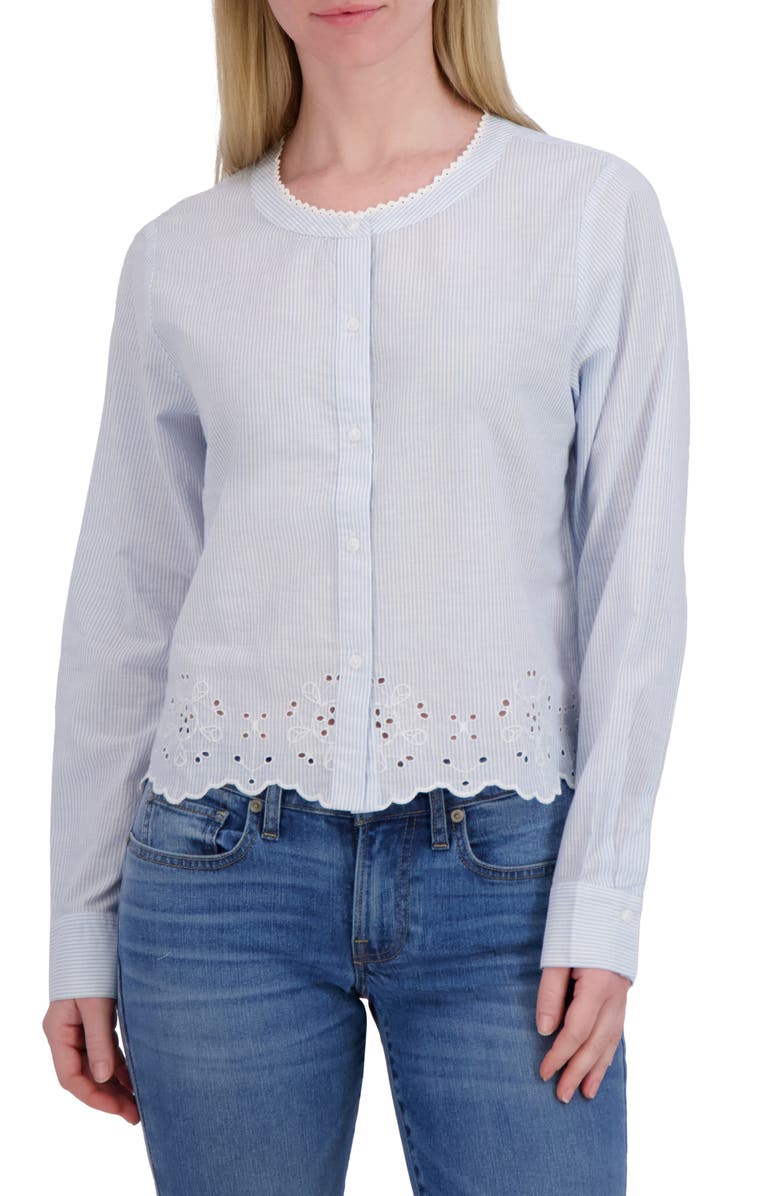 Lucky Brand Eyelet Cotton Button-Up Top, Main, color, Blue Stripe