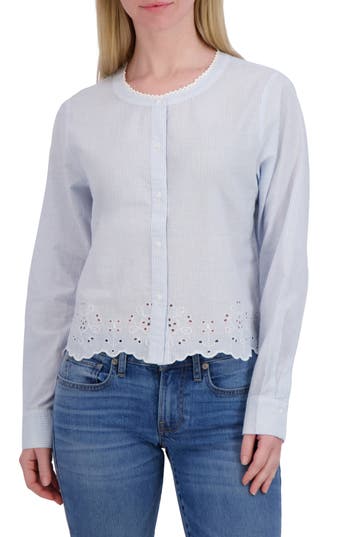 Lucky Brand Eyelet Cotton Button-up Top In Blue Stripe