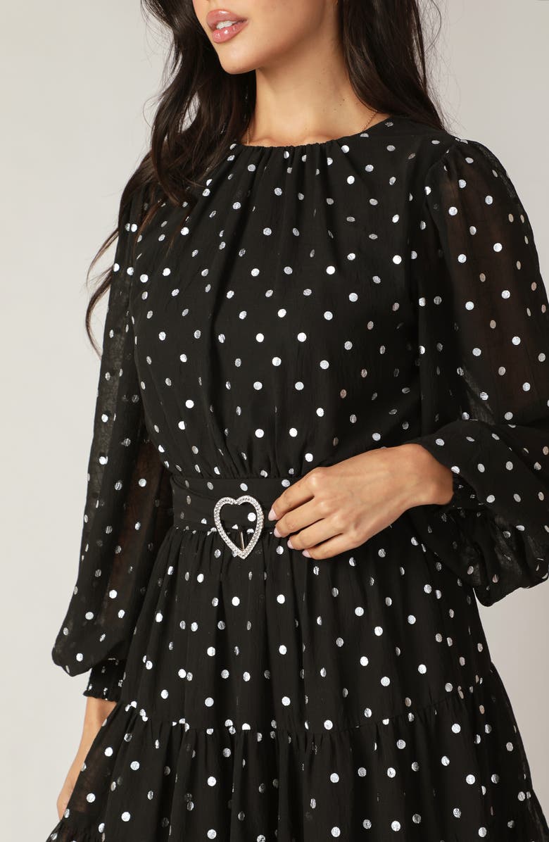 FLYING TOMATO Polka Dot Long Sleeve Belted Minidress, Alternate, color, Black