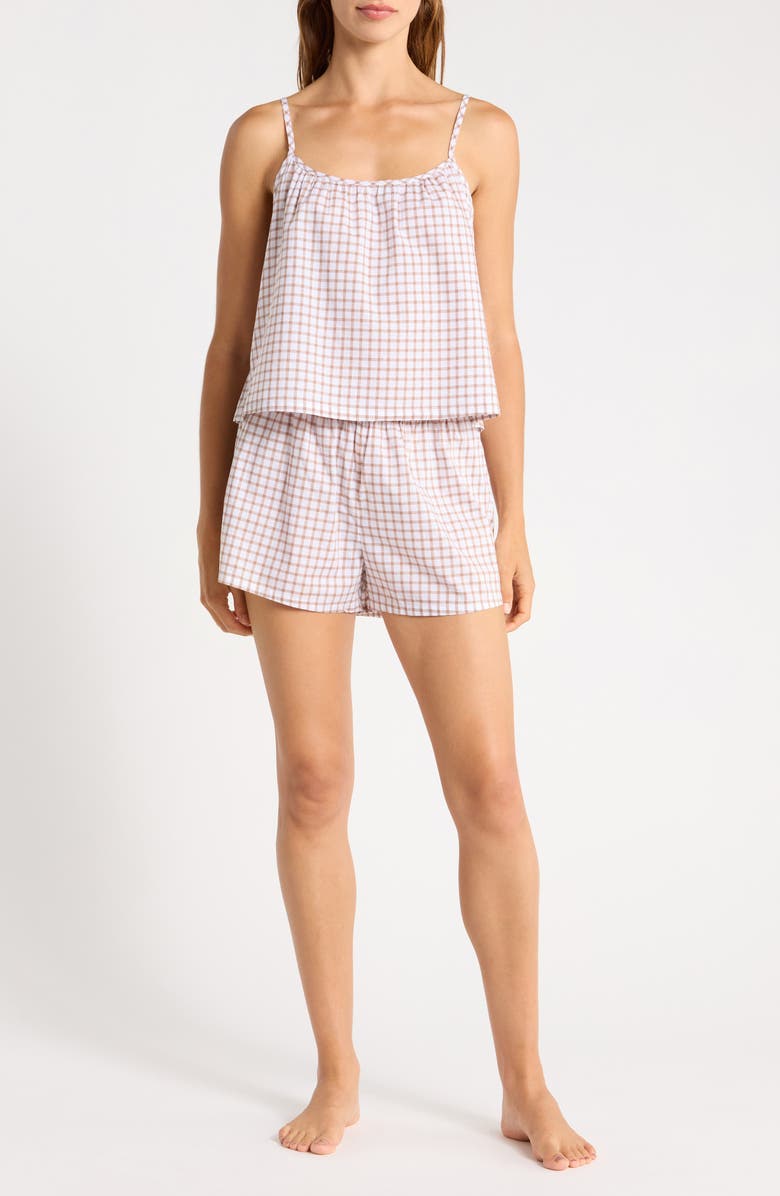 Abound Grid Cotton Crop Camisole & Shorts Pajamas, Main, color, White- Brown Mini Check