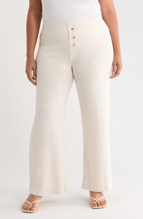 Button Detail Knit Wide Leg Pants (Plus)