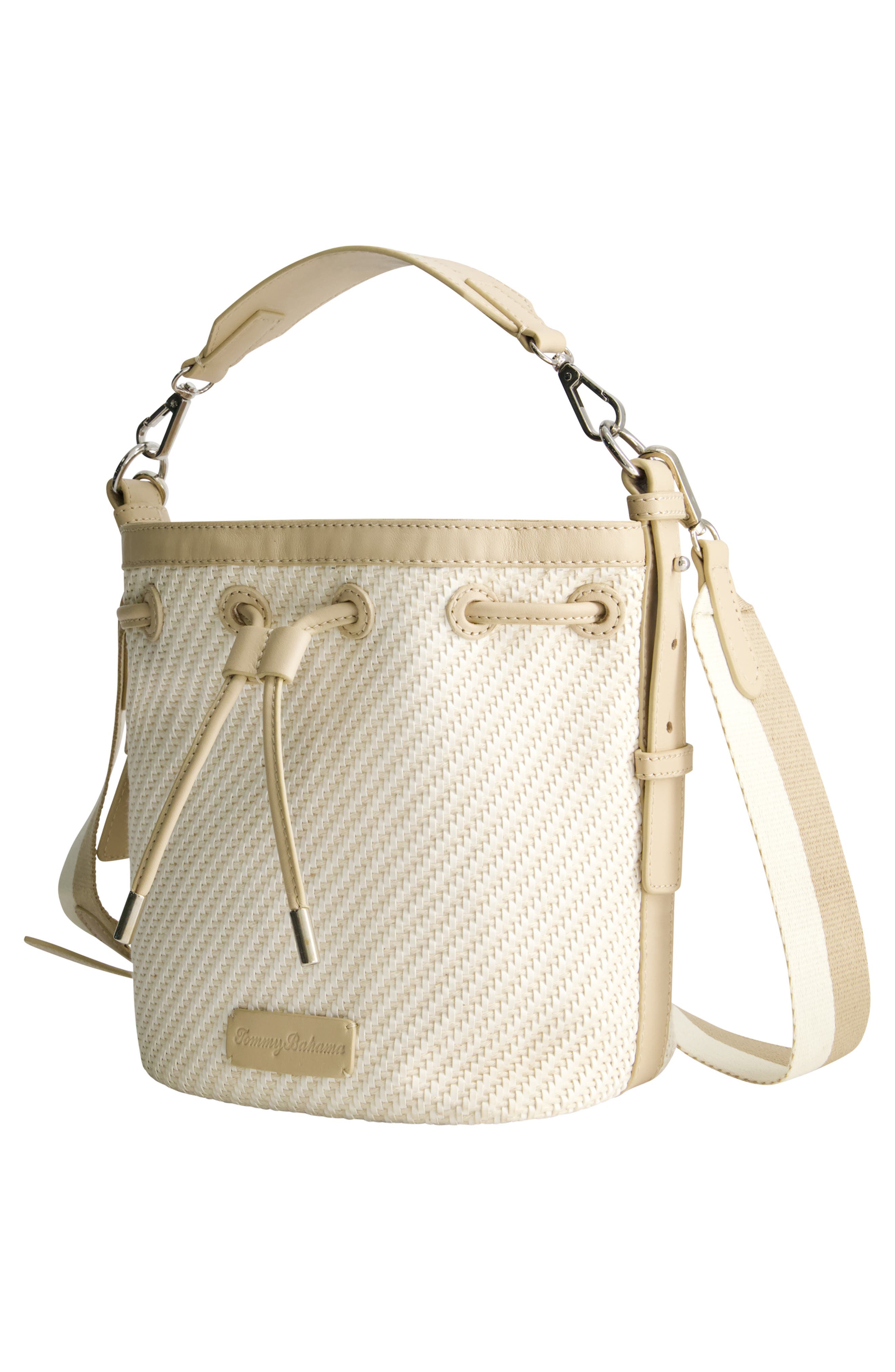 Soft Woven Drawstring Bucket Bag, Alternate, color, TAN/ WHITE