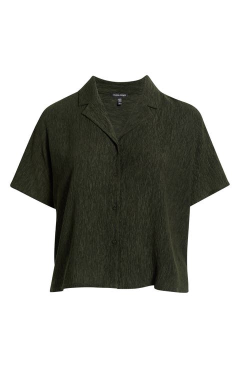 Crinkle Notch Collar Button-Up Shirt (Plus)